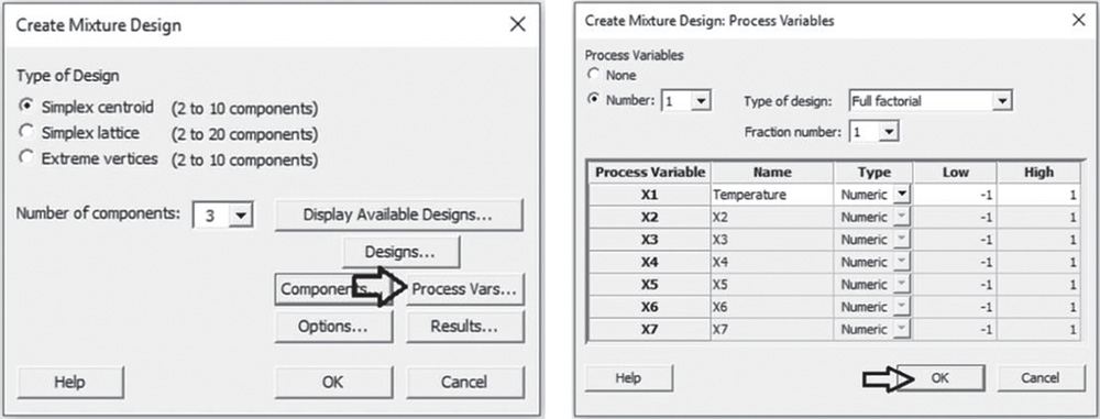 Illustration of Create Mixture Design dialog box opening another Process Variables dialog box.