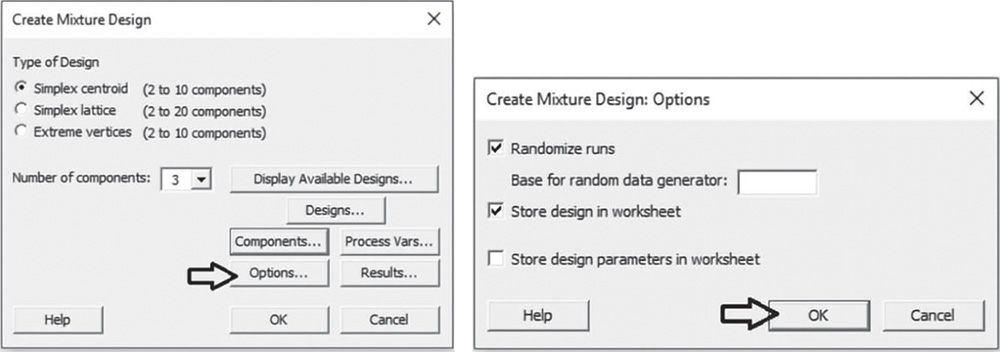 Illustration of Create Mixture Design dialog box opening another Options dialog box.