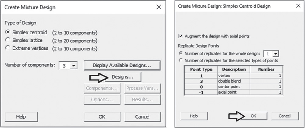 Illustration of Create Mixture Design dialog box that opens Simplex centroid design dialog box.