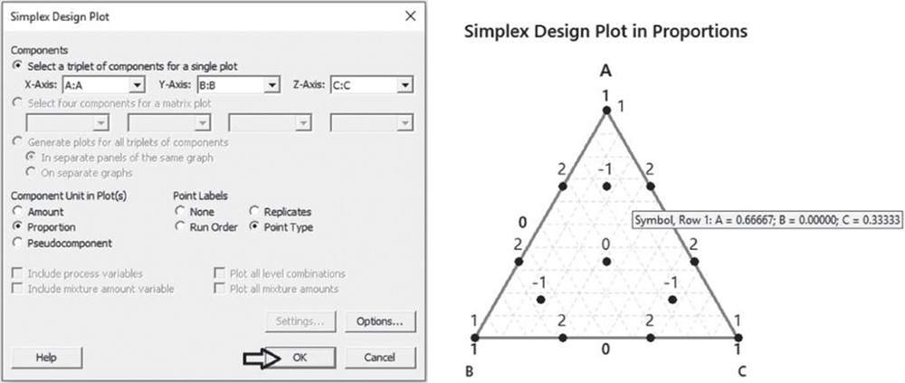 Illustration of worksheet 5 that shows the different parameters of simplex centroid design.