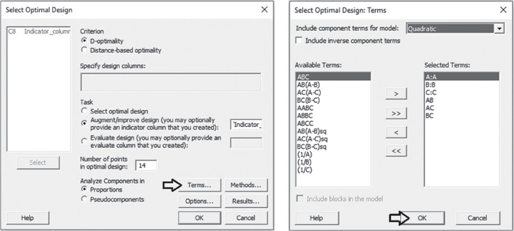 Illustration of Select Optimal Design dialog box that opens Terms dialog box.