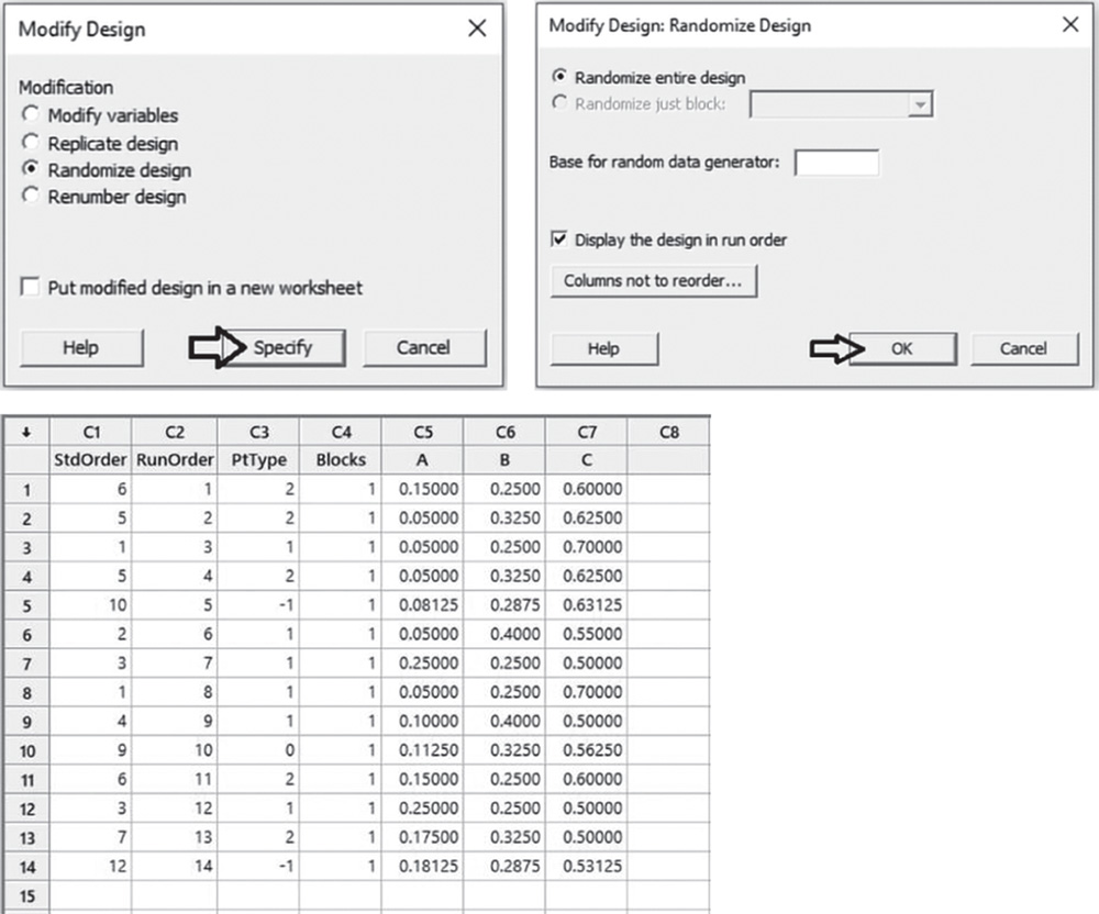 Illustration of Modify Design dialog box that opens Randomize Design dialog box. A corresponding worksheet is seen.