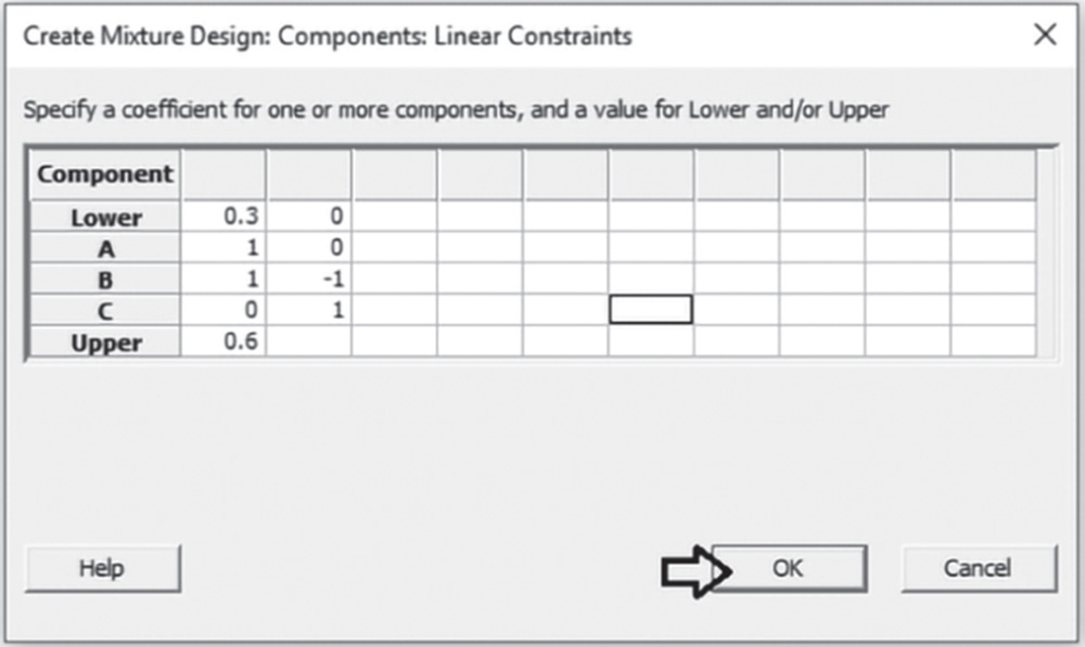 Illustration of Create Mixture Design: Components: Linear Constraints worksheet.