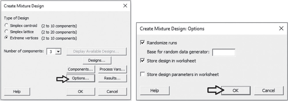 Illustration of Create Mixture Design dialog box that opens corresponding Options dialog box.