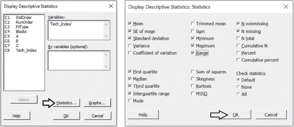 Illustration of Display Descriptive Statistics dialog box opening a corresponding Statistics dialog box.