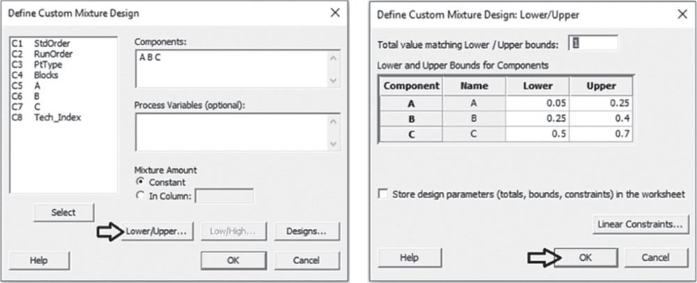 Illustration of Define custom mixture design dialog box that opens Lower/Upper dialog box.