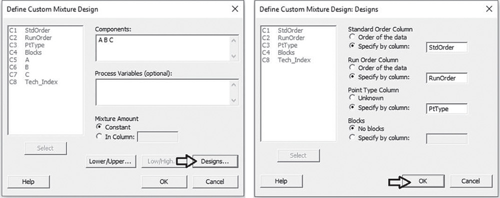 Illustration of Define custom mixture design dialog box that opens Designs dialog box.