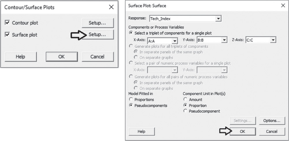 Illustration of Contour/surface plots dialog box that opens Surface dialog box.