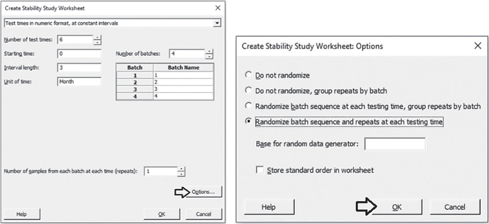 Illustration of Create Stability Study Worksheet dialog box that opens a corresponding Options dialog box.