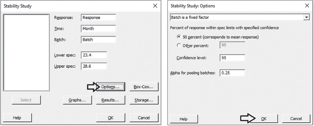 Illustration of Stability Study dialog box that opens corresponding Options dialog box.