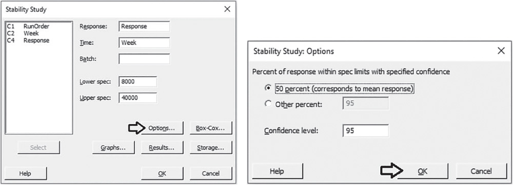 Illustration of Stability Study dialog box that opens another Stability Study: Options dialog box.