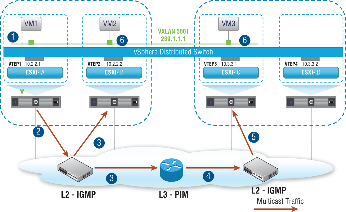 Schematic illustration of multicast mode that relies on multicast routing to be configured in the physical network.