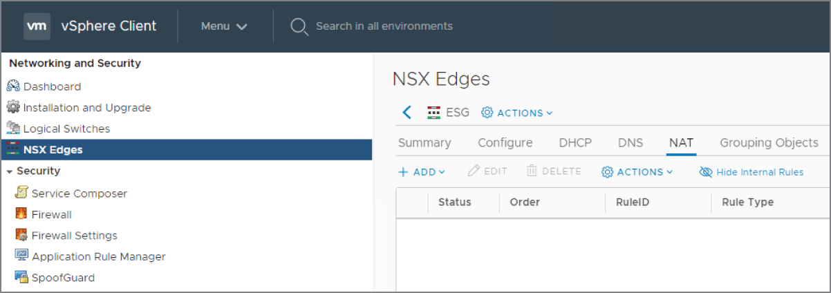 Snapshot of configuring Network Address Translation on the NSX ESG.