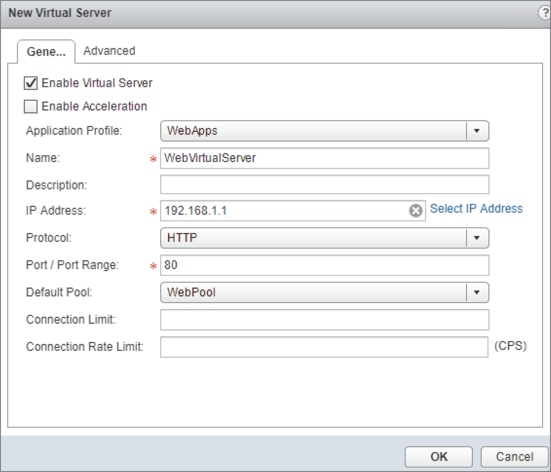 Snapshot of selecting an IP address and port number for the virtual server.