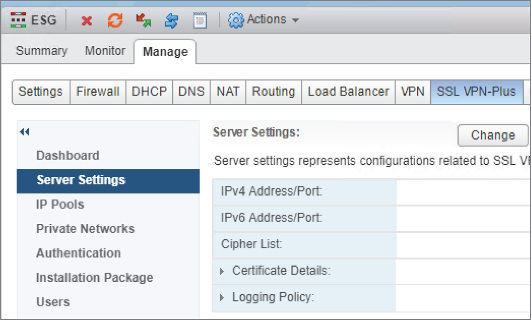 Snapshot of configuring the Secure Sockets Layer Virtual Private Network service on the ESG.