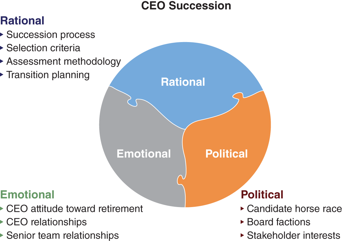 Pie chart depicts the dimensions of CEO succession.