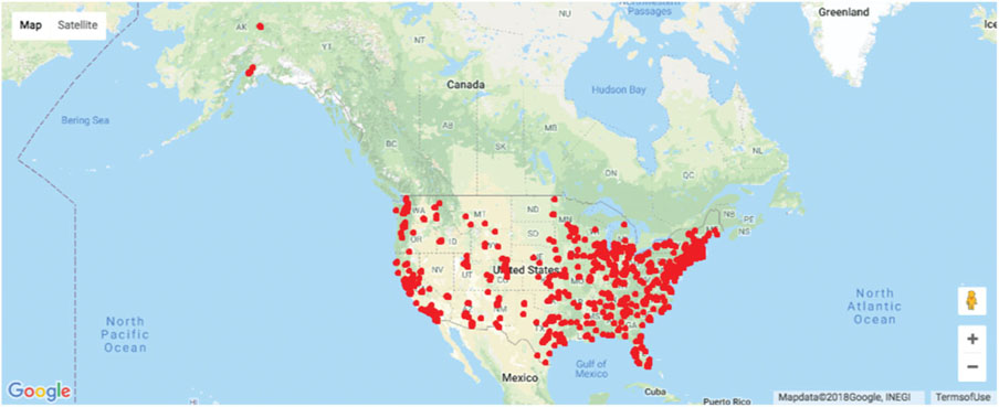 Image of map chart of students’ and instructors’ locations on a Google map.