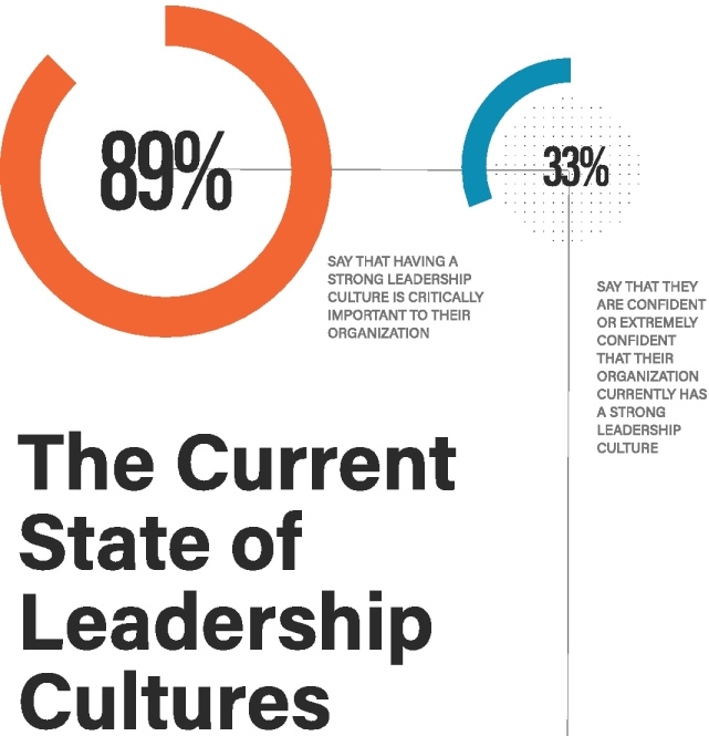 The figure shows the current state of leadership cultures. 89 percent of respondents say that having a strong leadership cultures is critically important to their organization, while 33 percent respondents say that they are confident or extremely confident that their organization currently has a strong leadership culture. 