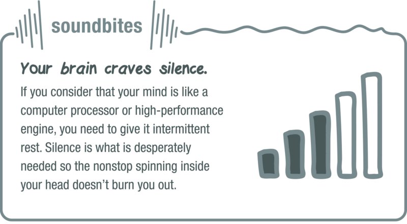 Image of a soundbite in which it is stated that your brain craves silence or intermittent rest, just like a computer processor or high-performance engine needs rest, so that you don’t get burnt out.
