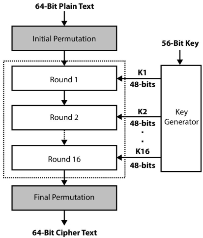Diagram illustrating the general model of DES with downward arrows from “64-bit plain text” to “initial permutation,” to “round 1,” to “round 2,” to “round 16,” to “final permutation,” then to “64-bit cipher text.”