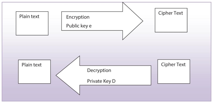 Diagram displaying a right arrow labeled “Encryption Public key e” (top) and a left arrow labeled “Decryption Private Key D” (bottom) between 2 boxes labeled “Plain text” (left) and “Cipher Text” (right).