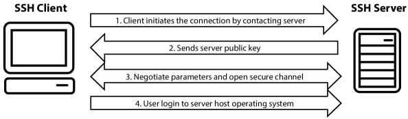 A simplified setup flow of a secure shell connection displaying arrows labeled “Client initiates the connection by contacting server,” “Sends server public key,” etc. between the SSH client (left) and SSH server (right).