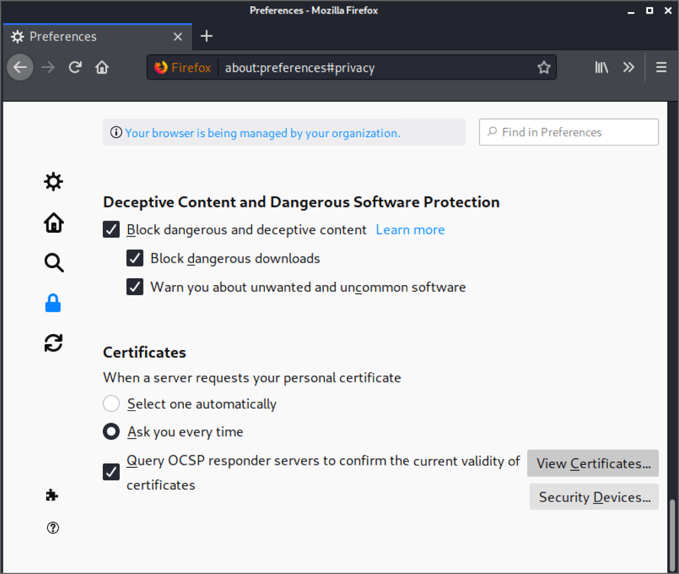 Snapshot of the Firefox's Privacy & Security preferences.