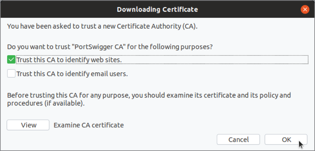 Snapshot of trusting PortSwigger CA.