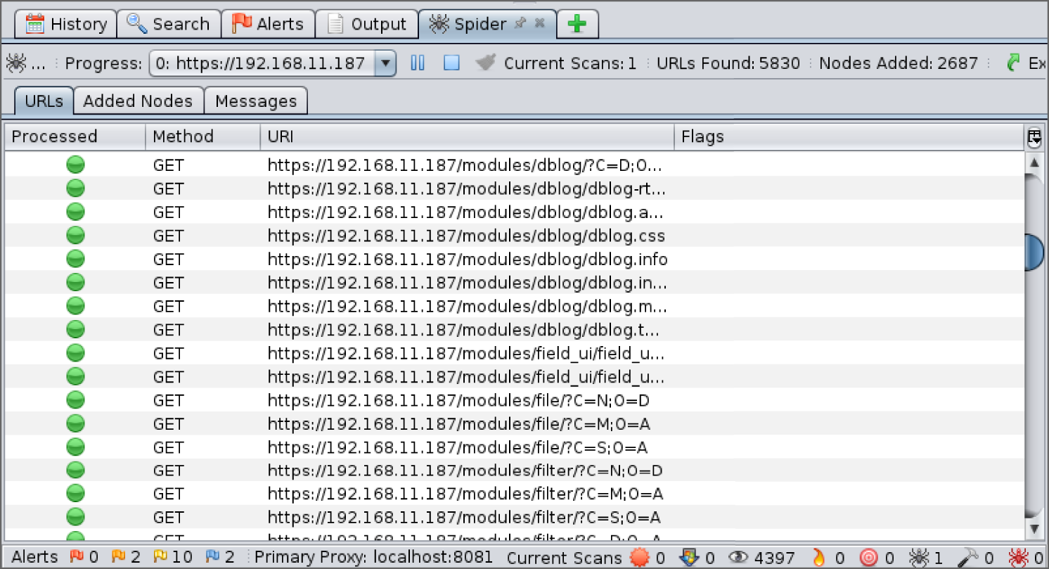 Snapshot of ZAP's Spider sending HTTP requests.