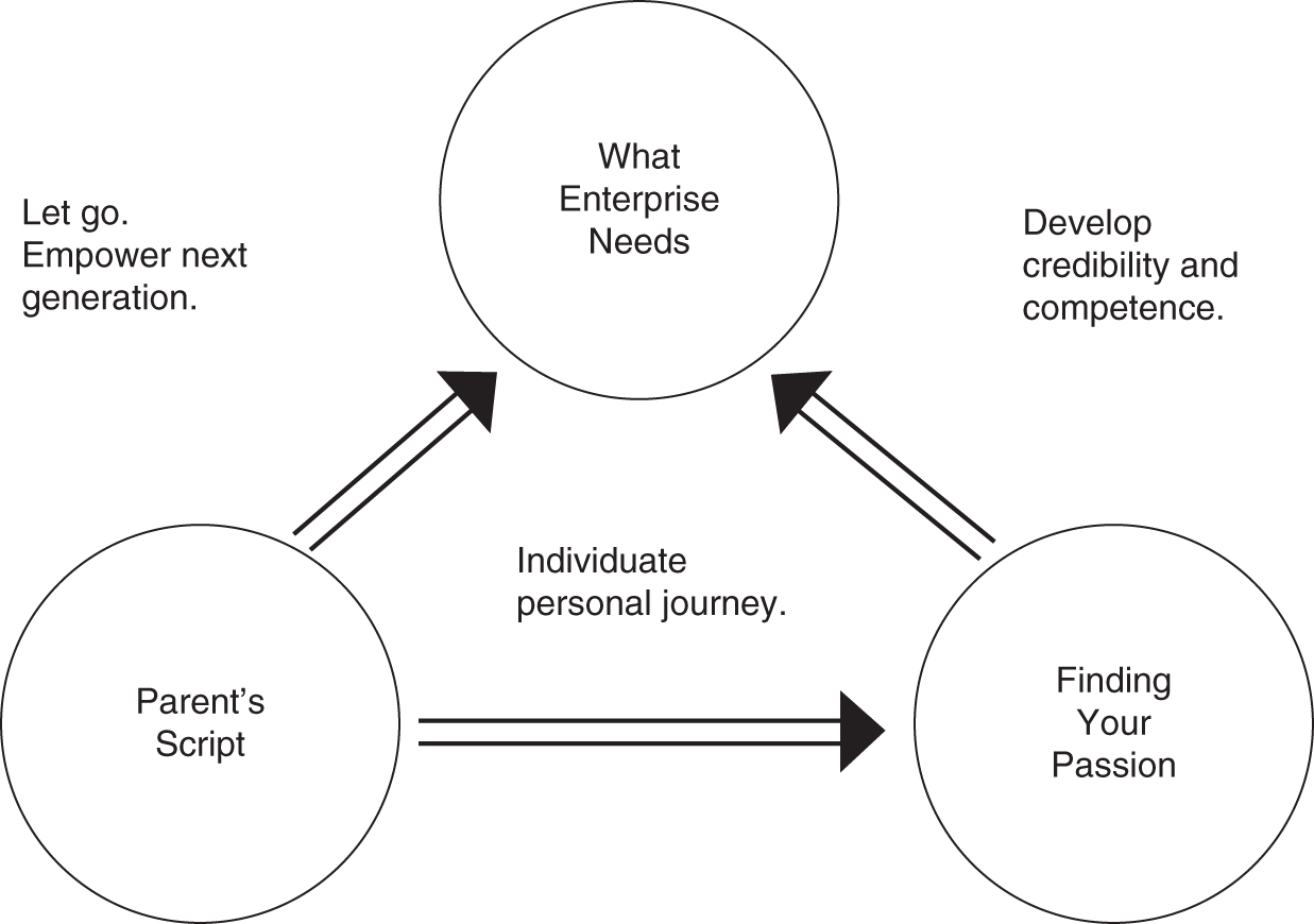Flow diagram depicting Developmental journey of heirs from Parent's Script, Finding Your Passion, to What Enterprise Needs.