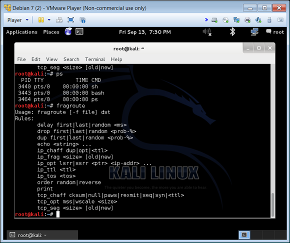 Snapshot of using Kali’s fragroute and fragmentation6 to determine the level of vulnerability.