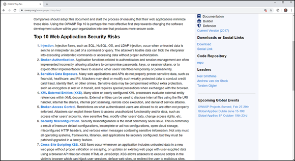 Snapshot of the top ten application risks on the Open Web Application Security Project.