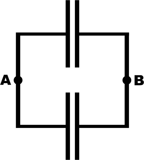 Capacitors in parallel with nodes labeled A and B.