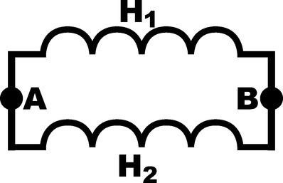 Inductors in parallel displaying nodes labeled A and B, H1 and H2.
