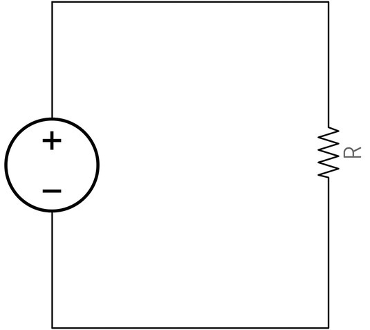 A circuit with a DC voltage source and a resistor (R).
