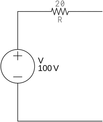 A circuit with a 100 V voltage source in series with a 20 Ω resistor (R).