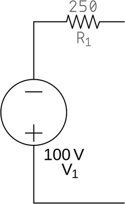 A circuit with a 100 V voltage source in series with a 250 Ω resistor (R1).