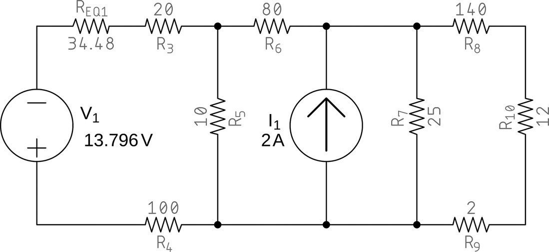 A circuit having voltage source V1 (13.796 V), current source I1 (2 A), and resistors REQ1 (34.48), R3 (20), R4 (100), R5 (10), R6 (80), R7 (25), R8 (140), R9 (2), and R10 (12).