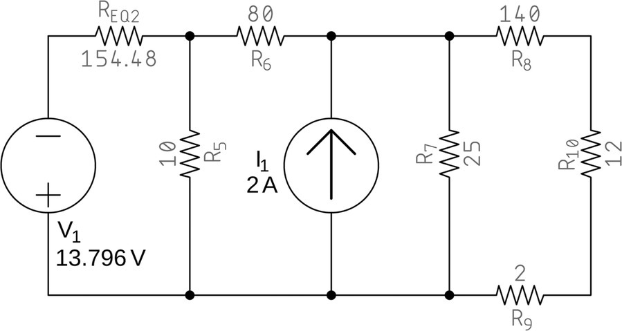 A converted circuit having a voltage source V1 (13.796 V), current source I1 (2 A), and resistors REQ2 (154.48), R6 (80), R7 (25), R8 (140), R9 (2), and R10 (12).