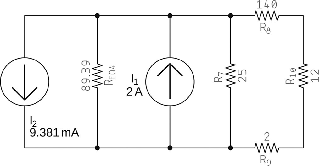 A converted circuit having two parallel current sources labeled I1 (2 A) and I2 (9.381 mA), two parallel resistors labeled REQ4 (89.39) and R7 (25), and three resistors labeled R8 (140), R9 (2), and R10 (12).
