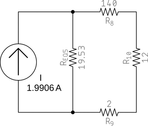 A converted circuit having a current source labeled I (1.9906 A) and resistors labeled REQ5 (19.53), R8 (140), R9 (2), and R10 (12).