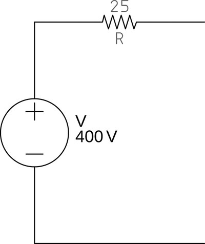 A circuit with voltage source V (400 V) in series with a resistor R (25).