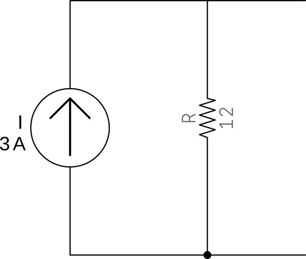A circuit having a current source I (3 A) in parallel with a resistor R (21).