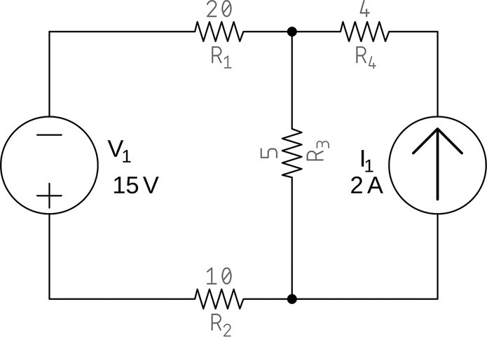 A complex circuit having a voltage source labeled V1 (15 V), current source labeled I1 (2 A), and resistors labeled R1 (20), R2 (1), R3 (5), and R4 (4).