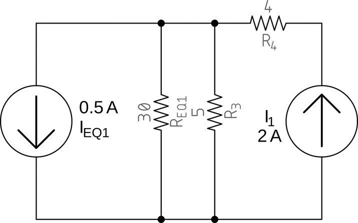 A converted circuit having two current sources labeled IEQ1 (0.5 A) and I1 (2 A), and resistors labeled REQ1 (30), R3 (5), and R4 (4). Resistors REQ1 (30) and R3 (5) are parallel.