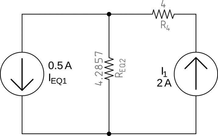 A converted circuit having two current sources labeled IEQ1 (0.5 A) and I1 (2 A) and two resistors labeled REQ2 (4.2857) and R4 (4). Current source IEQ1 (0.5 A) is parallel to resistor REQ2.