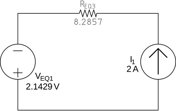 A converted circuit having a voltage source labeled VEQ1 (2.1429), a current source labeled I1 (2 A), and a resistor labeled REQ3 (8.2857).