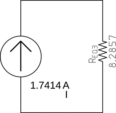 A final circuit having a current source labeled I (1.7414 A) and a resistor labeled REQ3 (8.2857).