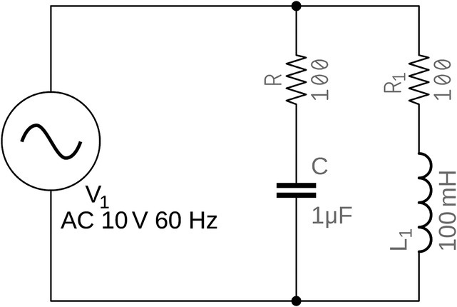 A complex circuit having an AC source labeled V1 (AC 10 V, 60 Hz), a capacitor labeled C (1µF), inductor labeled L1 (100 mH), and resistors labeled R (100) and R1 (100).