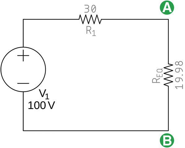 A final circuit having a voltage source labeled V1 (100 V), resistors labeled R1 (30) and REQ (19.98), and circles located at the left side labeled A (top) and B (bottom).
